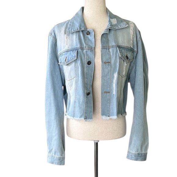 Love Tree Women's Juniors Cropped Denim Ripped Jean Jacket - Picture 1 of 11